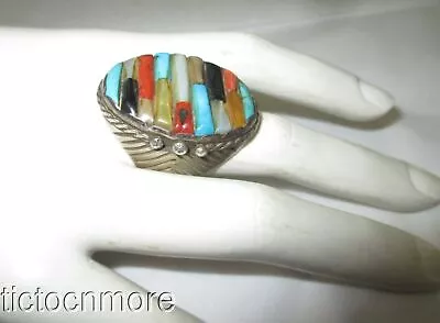 Vintage Zuni Indian Signed Ml Dt Sterling Turquoise Cobblestone Mosaic Ring • $99.99