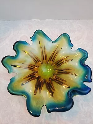 Vintage Murano Glass Candy Dish Amber Green And Blue. • $35