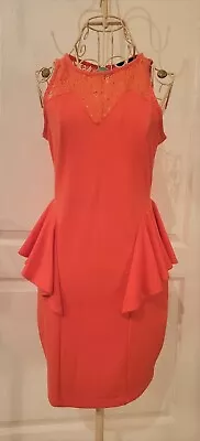 Women’s SOPRANO Coral Orange Floral Lace Bodycon Peplum Dress Stretch– Sz M • $7.25