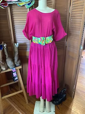 Vtg 70s Hippie Peasant Cotton Gauze Tiered Hot Pink Midi Maxi Dress L-XL • $65