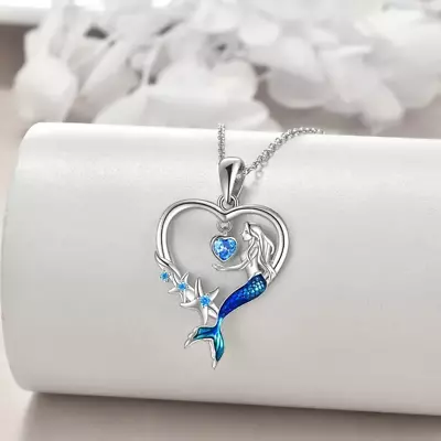 Cute Blue Mermaid Colorful CZ Heart Pendant Necklace • $4.90