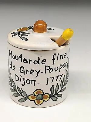 Vintage French Ceramic Mustard Pot Grey Poupon With Wooden Spoon • $25