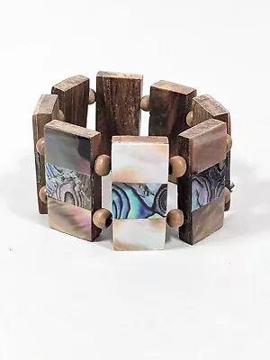 Beachy Coastal Abalone Shell Brown Wood Rectangle Bead Wide Stretch Bracelet 6  • $6.99