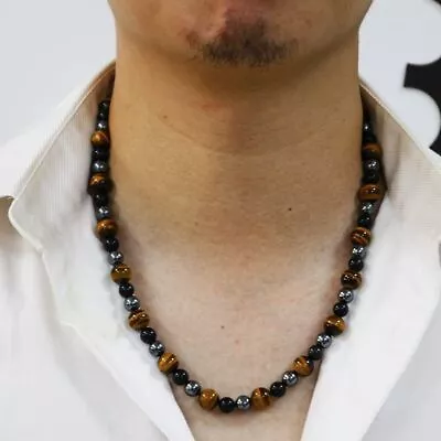 10+8mm Tiger Eye Hematite Obsidian Stone Triple Protection Vintage Mens Necklace • $8.54