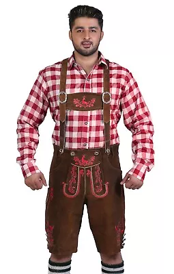 Authentic Suede Leather Lederhosen Red Embroidery Mens Oktoberfest Lederhosens • $84.55