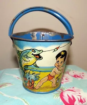 Vintage T. Cohn 3 Inch At The Beach Metal Sand Pail Boy Fishing 1940's • $85