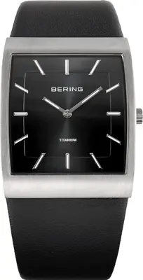 Bering Rectangular Titanium Case Slim Black Leather Men’s Watch 11233-402 • $99.95