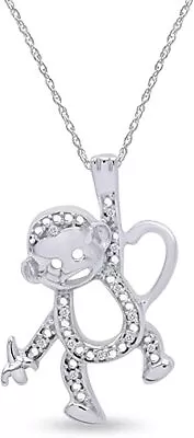 Hanging Monkey Pendant Natural Round Diamond Accents Sterling 18  Necklace • $57.03