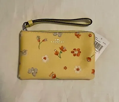 Coach Corner Zip Wristlet With Mystical Floral Print Yellow Leather Bag NWT • $28