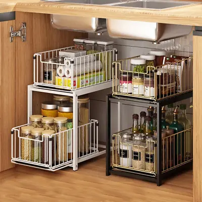 2Tier Pull Out Kitchen Basket Under Sink Cupboard Organiser Utility Storage Rack • £10.94