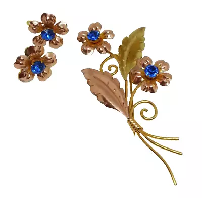 Van Dell Blue Rhinestone Floral Brooch Earrings 12K Pin GF MCM Bouquet Vtg 50s • $48