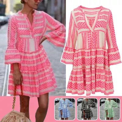 £17.74 • Buy Women's Boho Printed V-Neck Smock Dress Ladies Summer Holiday Swing Mini Dress