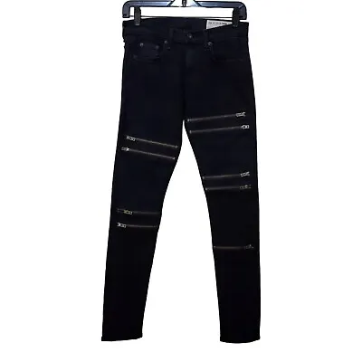 Rag & Bone Jeans Moto Exposed Zipper Accent Aged Coal Black Women's Size 24 EUC • £28.94