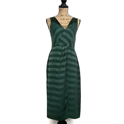Reiss Womens Sz 6 Dress Green Stripe Sleeveless Open Back V-Neck Knee Length • $40