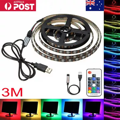 3m 5V Waterproof 5050 RGB LED Strip Lights Remote Control USB TV Mood Lighting  • $21.49