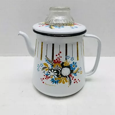 Berggren Vtg Swedish Enamelware 4 Cup Percolator Coffee Pot Floral Curvy Spout • $34.99
