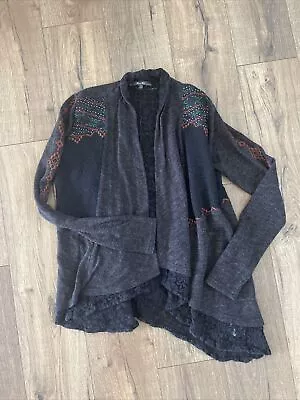 Miss Me Mixed Media Cardigan Womens Small Black Knit With Lace Accents Boho • $16.50