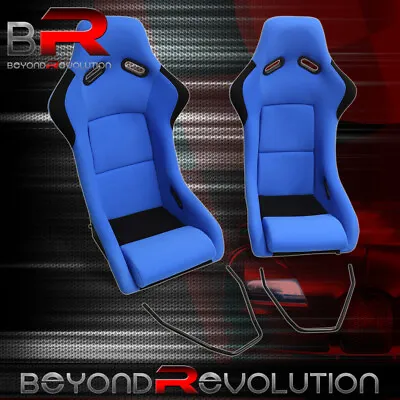 2X Universal Blue Cloth Sport Bucket Seats SPG Style Fixed Position + Slider Set • $306.99