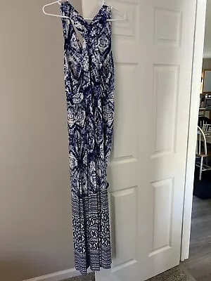 Soma Maxi Dress Women Large Blue/white  Criss Cross Back.  Built In Bra &pockets • $8.80