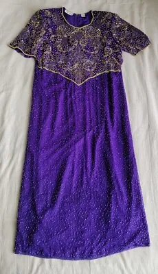 Lawrence Kazar Dress 2X Purple Midi Silk Embellished Beaded 80s Slit Party VTG • $39