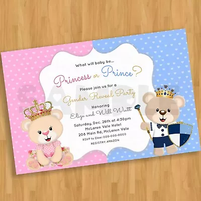 Reveal Teddy Bear Princess Prince Digital Invitation Baby Shower Invite Royal • £3.37