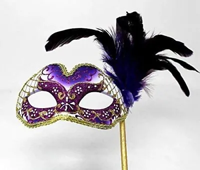 £14.95 • Buy Purple & Gold Feather Mask Venetian Masquerade Ball Carnival Mask On A Stick