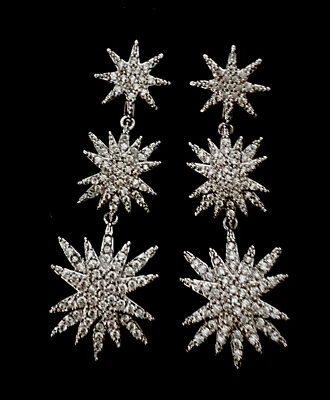 $56.41 • Buy Vintage Sterling Silver Rhinestone Crystal 3 X Snowflake Clip On Drop Earrings