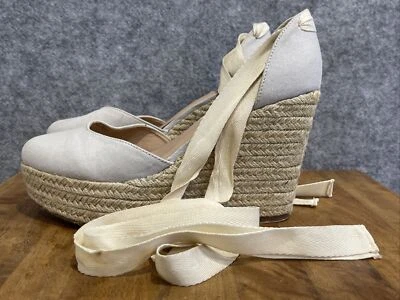 $11.82 • Buy Forever New Womens Designer Boho Beige Fabric Ribbon Epadrille Wedge 39/8.5/6.5