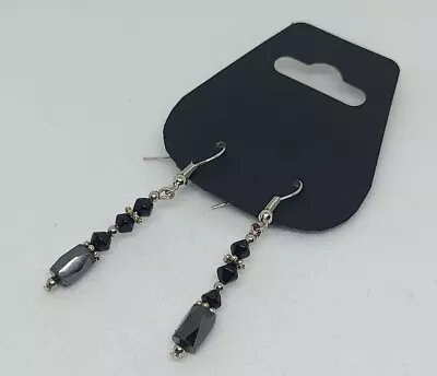 Long Drop Magnetite Black Glass Bead Pendant Earrings Silver Plated 50mm B • £4.99