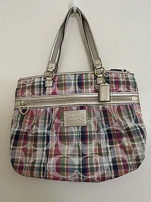 Coach Poppy Daisy Pink/Blue Green Madras Plaid Large Shoulder Tote Bag Excellent • $70