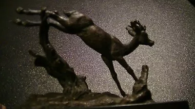 $69 • Buy Bronze Deer Buck Jumping Over Tree Statue Figurine Vintage Ornate Home Decor