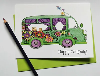 Camper Van Greetings Birthday Card Drawn In The UK Flowers Pagan Hippy Wicca • £1.95