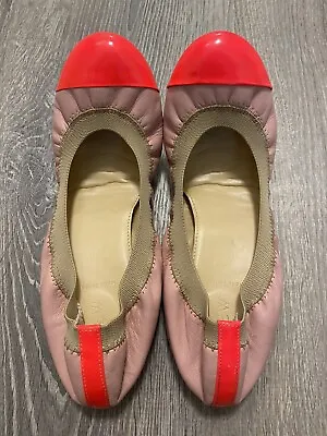 J. CREW PATENT & LEATHER BALLET MILA SHOES FLATS PINK NEON ORANGE Cap Toe-size 9 • $35