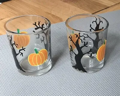 Halloween Hand Painted Glass Pumpkin Tea Light Holder Ornament UK • £7.50