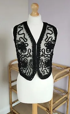 Vintage Crochet Lace Black Beaded Waistcoat Vest Size M • $24.87