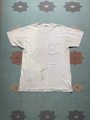 Vintage 80s Fruit Of Loom Pocket T Shirt Blank White Distressed Thrashed Large • $25