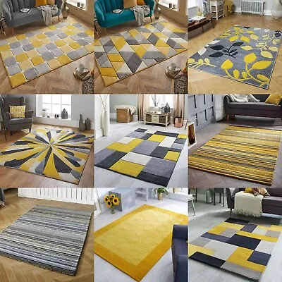 Ochre Gold Grey Yellow Mustard Rugs Small XL Large Rug Runner Geometric Carpet  • £229.99