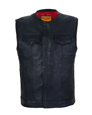 Men's Black Leather Vest SOA Motorcycle Concealed Collarless Biker Waistcoat • $89.99