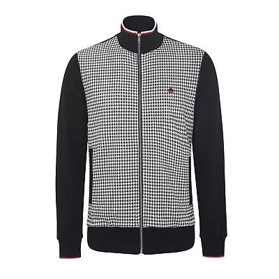 Mens Merc London Classic Retro Dogtooth Mod Zip Through Top Willow - Black • £59.99