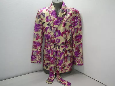 Roberto Cavalli Mens Wrap Robe Jacket Pink Size 34 Rose Print Silk Smoking • $399.98