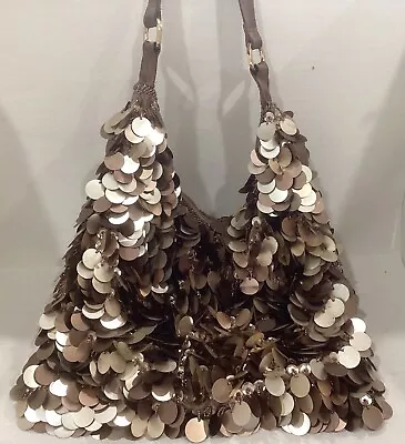 Vintage Disco Metallic Brown Bronze Gold Dangle Sequin Beaded Hobo Bag Purse • $15