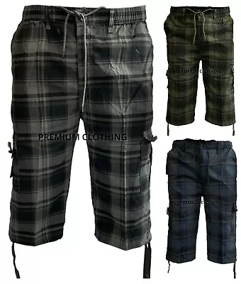 Mens Checked 3/4 Long Length 673 Shorts Elasticated Cargo Combat Three Quarter • £11.99