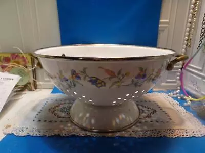 VTG White Enamel Metal Strainer Colander-PINK/ BLUE FLORAL Handles 8.5  • $13.99