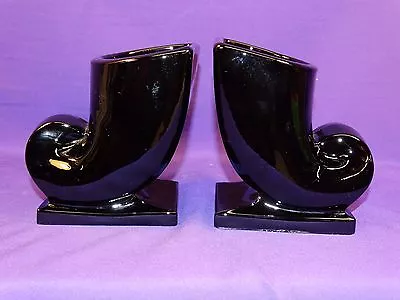 Vintage Beautiful Viking Black Glass Cornucopia Shaped Planter Vase Bookends • $49.99