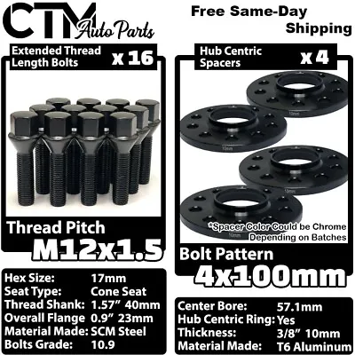 4x 10mm Thick 4x100 57.1mm CB Wheel Spacer Set Black 12x1.5 Bolt Fit BMW E30/21 • $78.19