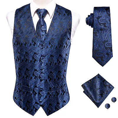 $25.99 • Buy Navy Blue Mens Waistcoat Woven Paisley Silk Wedding Cufflinks Tie Hankerchief US