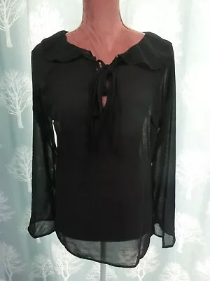 Ladies Reclaimed Vintage Long Sleeve Ruffle Front Sheer Top In Black Size M • $6.22