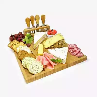 Cheese Board Platter Set - Natural Wood Bamboo - Christmas Gift Set With Knives • £12.99