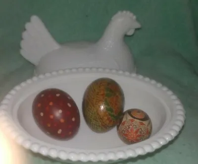 Vintage Westmoreland White Milk Glass Chicken & Hand Painted Easter Eggs • $19.99