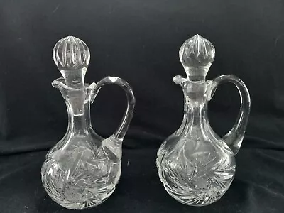 Vintage A Set Of Two Cut Crystal Glass Oil & Vinegar Cruets With Stoppers • $12.99